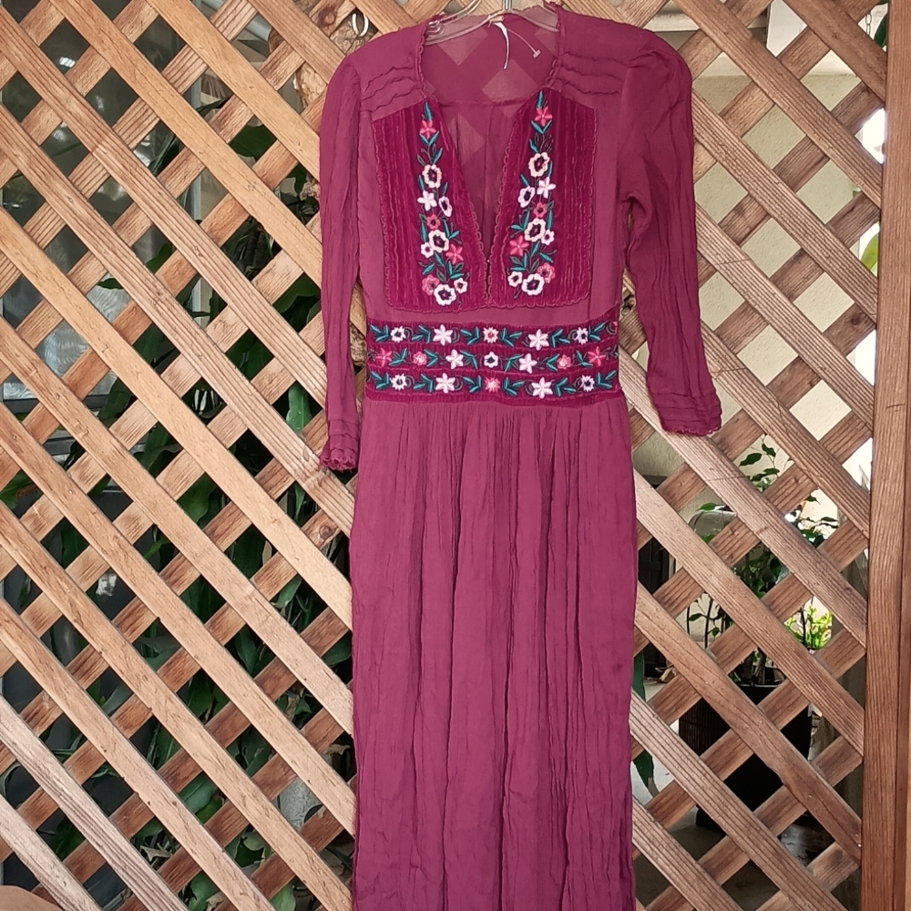 Free People Boho Chic Midi Dress With Floral Embroidered Front & Waist Ex Small